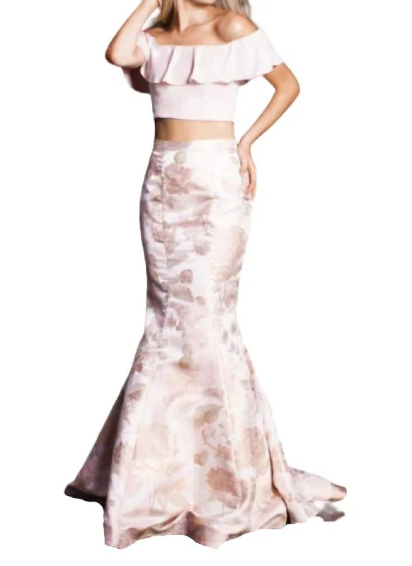 elegant evening dressTwo Piece Off The Shoulder Gown In Blush/gold