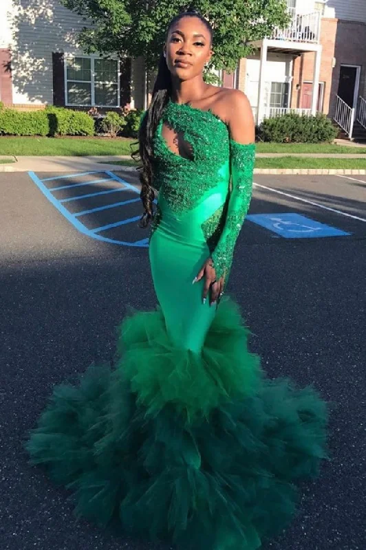 Year-End Clearance Asymmetric Unique Lace Appliques Prom Dresses Ruffles Mermiad Alluring Evening Gowns