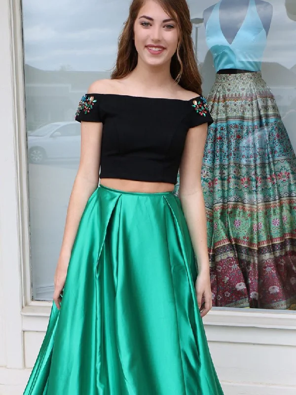 Extra Savings Two Piece Prom Dresses A line Black Long Prom Dress Sexy Evening Dress JKL1001