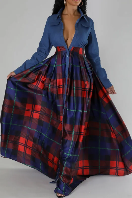 Shop and Save cocktail dressLapel Plaid Printed Shirt Dress