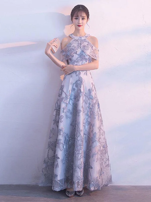 Price Cut Lace Prom Dresses A Line Halter Floor-length Tulle Long Chic Prom Dress JKL928