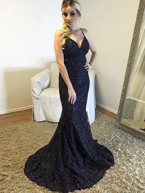 Major Savings Mermaid Prom Dresses Halter Lace Dark Navy Long Sexy Prom Dress JKL1004