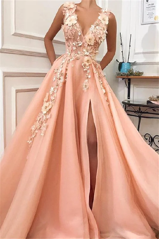 Mega Deal Gorgeous Straps V-Neck Flower Appliques A-Line Prom Party Gowns