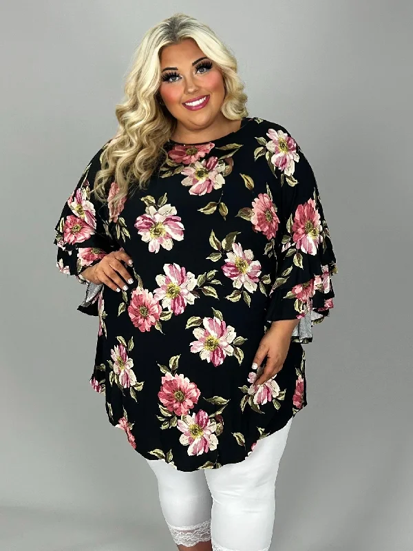 fitted dress33 PQ {Floral Flair} Black Floral Tunic w/Ruffle Sleeves EXTENDED PLUS SIZE 3X 4X 5X