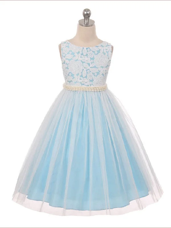 Extra Savings Flower Girl Dresses Long White and Blue Lace Scoop Tulle JKF022