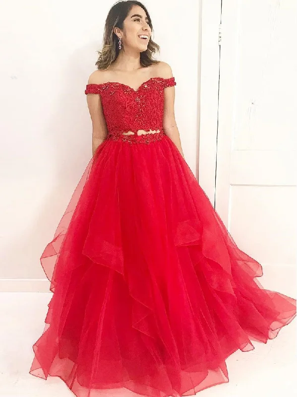 Mega Sale Two Piece Prom Dresses Off-the-shoulder A line Long Red Prom Dress JKL996