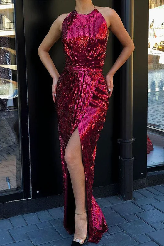 Deep Discounts High round neck Charming Sequined High Slit Burgundy Prom Party Gowns Deep Discounts High round neck Charming Sequined High Slit Burgundy Prom Party Gowns