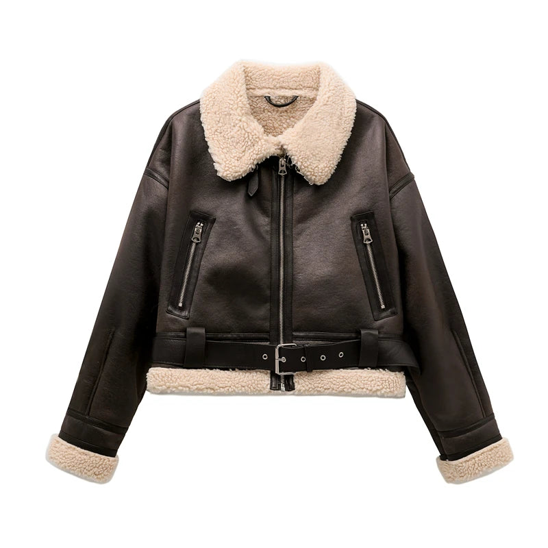 chic biker jacketWomen's Faux Shearling Vintage Jacket with Belt