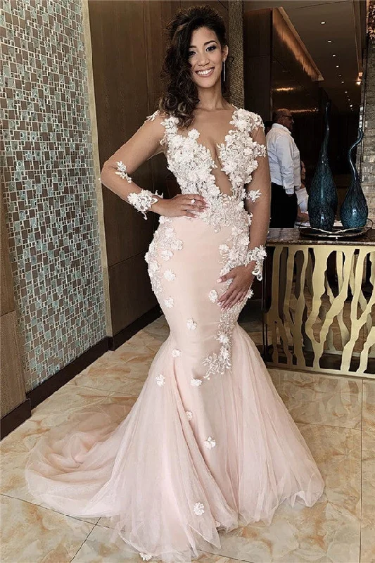 Discount Days Appliques Mermaid Lace Prom Dresses V-neck Formal Gowns