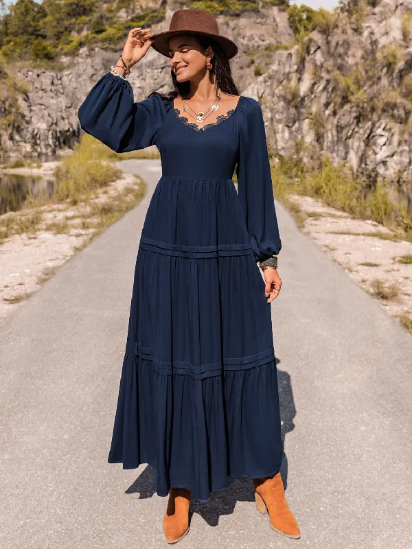 off-the-shoulder dressLong Sleeve Lace Trim Maxi Dress