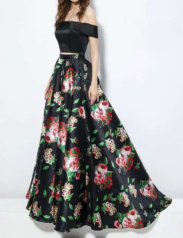 flowy maxi dress2Pc Floral Print Gown In Black/floral