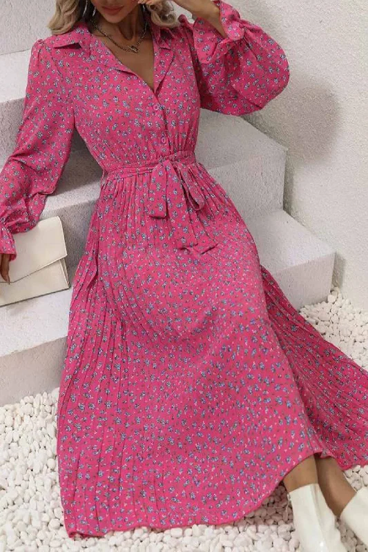 Don't Wait layered dressFloral Tie Wasit Long Sleeve Pleated Midi Dress
