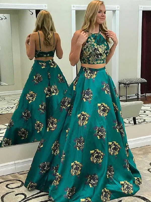 Quick Sale Two Piece Prom Dresses A Line Floral Print Long Prom Dress Sexy Evening Dress JKL1254 Quick Sale Two Piece Prom Dresses A Line Floral Print Long Prom Dress Sexy Evening Dress JKL1254