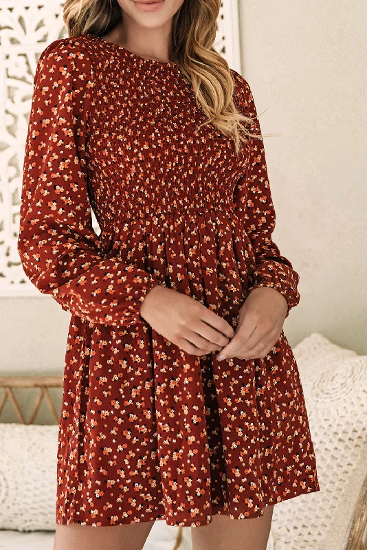 Warehouse Sale Brown Floral Smocked Bodice Mini Dress