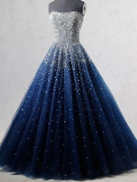 Today's Special Sparkly Prom Dresses Strapless Dark Navy Sequins Long Beautiful Prom Dress JKL1127