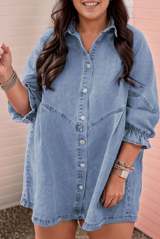 Exclusive Savings casual summer dressLight Blue Ruffled 3/4 Sleeve Buttoned Front Plus Size Denim Dress