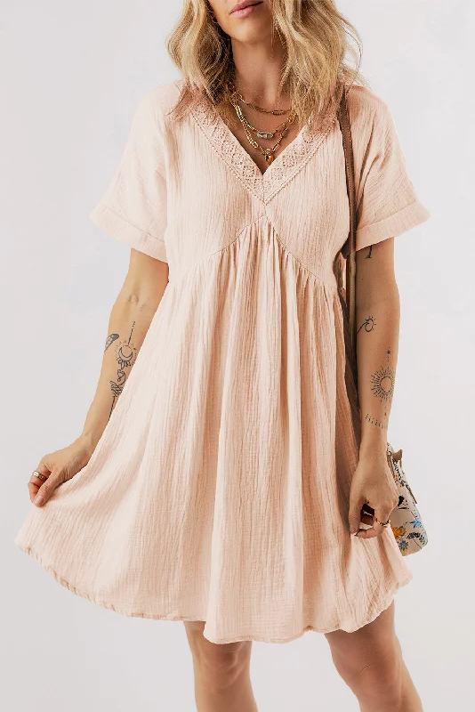 Price Cut Beige Folded Short Sleeve Lace V Neck Mini Dress