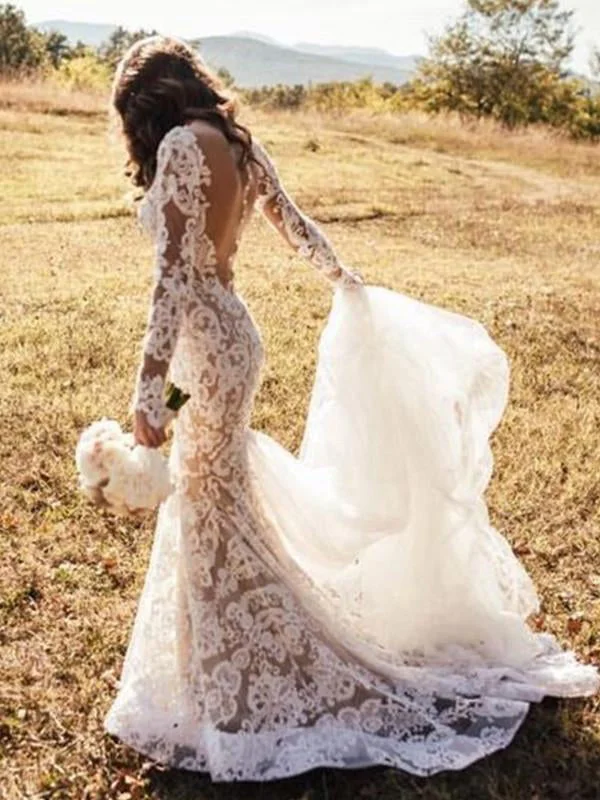 Bargain Prices Long Sleeve Wedding Dresses Mermaid Button Back Long Train Lace Luxury Bridal Gown JKW379 Bargain Prices Long Sleeve Wedding Dresses Mermaid Button Back Long Train Lace Luxury Bridal Gown JKW379