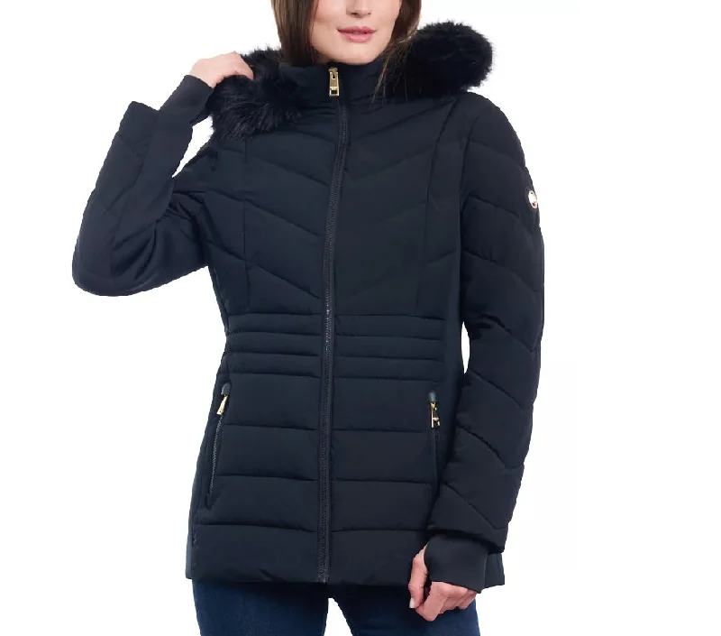 sleek puffer jacketMichael Michael Kors Women's Black Chevron Faux Fur Hooded Coat