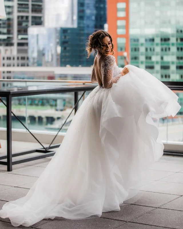 Quick Sale Scoop Long Sleeve Pearl A-Line Princess Wedding Dress with Backless JKD2006 Quick Sale Scoop Long Sleeve Pearl A-Line Princess Wedding Dress with Backless JKD2006
