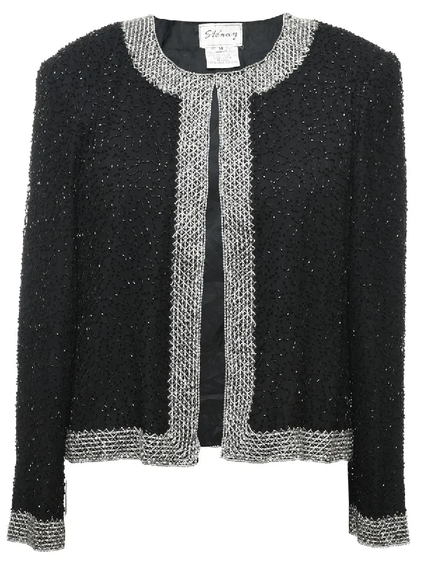 Online Only fashionable quilted coatBlack & Silver Beaded Silk Evening Jacket - M