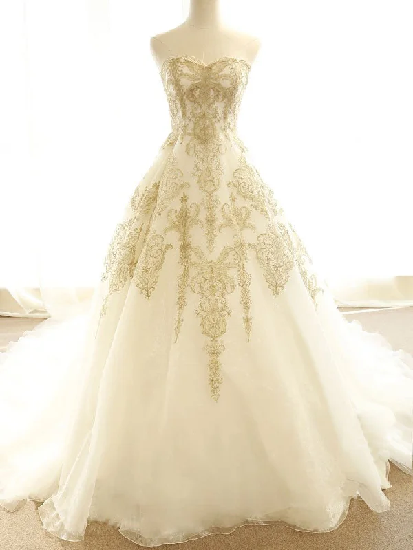Final Markdown Chic Wedding Dresses Ivory Gold Appliques Sweep/Brush Train Bridal Gown JKW077 Final Markdown Chic Wedding Dresses Ivory Gold Appliques Sweep/Brush Train Bridal Gown JKW077