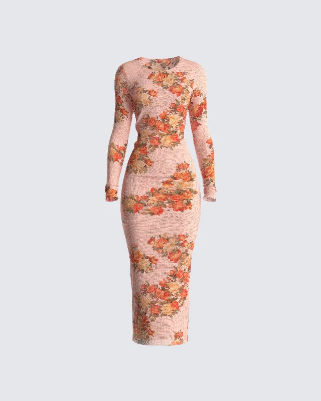 Last Chance trendy wrap dressGardenia Rose Print Mesh Midi Dress