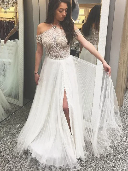 Crazy Deals Sparkly Prom Dresses Halter A-line Beading Lace Ivory Long Sexy Slit Prom Dress JKL1193 Crazy Deals Sparkly Prom Dresses Halter A-line Beading Lace Ivory Long Sexy Slit Prom Dress JKL1193