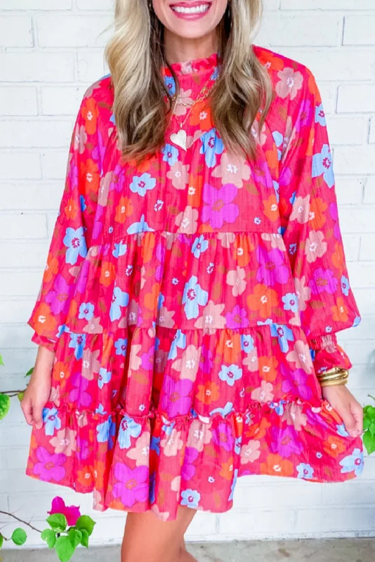 Price Break casual evening dressMulticolour Floral Bubble Sleeve Tiered Babydoll Dress
