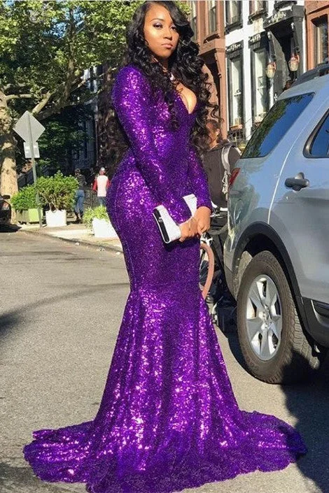 Daily Specials Glittering V-neck Long Sleevess Sequins Mermaid Prom Dresses