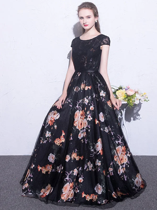 Exclusive Savings Black Prom Dresses Scoop A-line Floral Print Sexy Long Lace Prom Dress JKL844