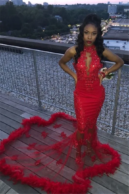 Overstock Halter Keyhole Neckline Illusion Train Fur Trim Appliques Mermaid Prom Dresses Overstock Halter Keyhole Neckline Illusion Train Fur Trim Appliques Mermaid Prom Dresses