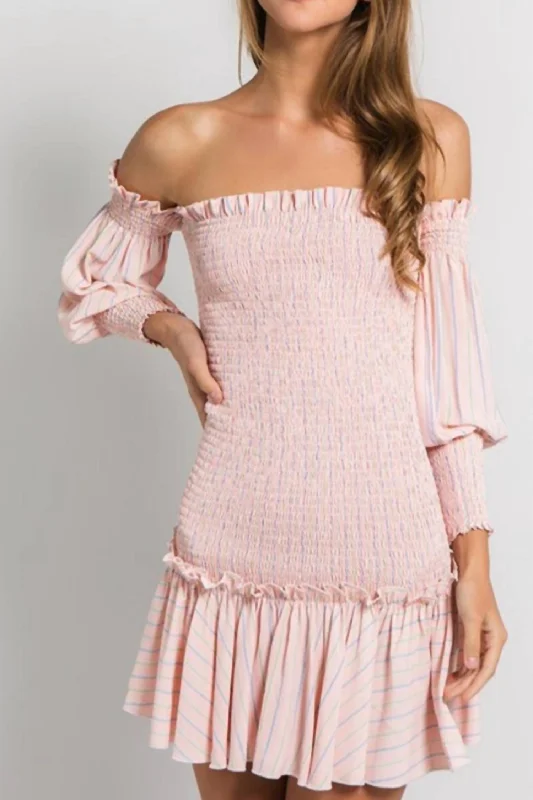 ruched dressStripe Off The Shoulder Shirred Mini Dress In Coral Striped