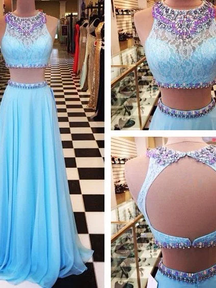 Midnight Madness Two Piece Prom Dresses Lace Aline Long Sparkly Sexy Blue Chiffon Prom Dress JKL1089