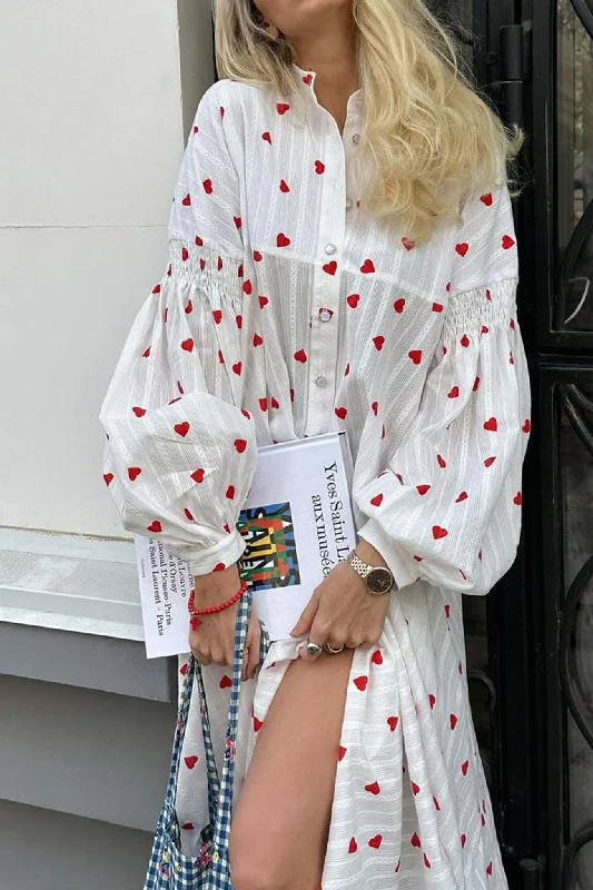 YEAR-End Clearance A-line dressHeart Print Puff Sleeve Single-breasted Cotton Dress