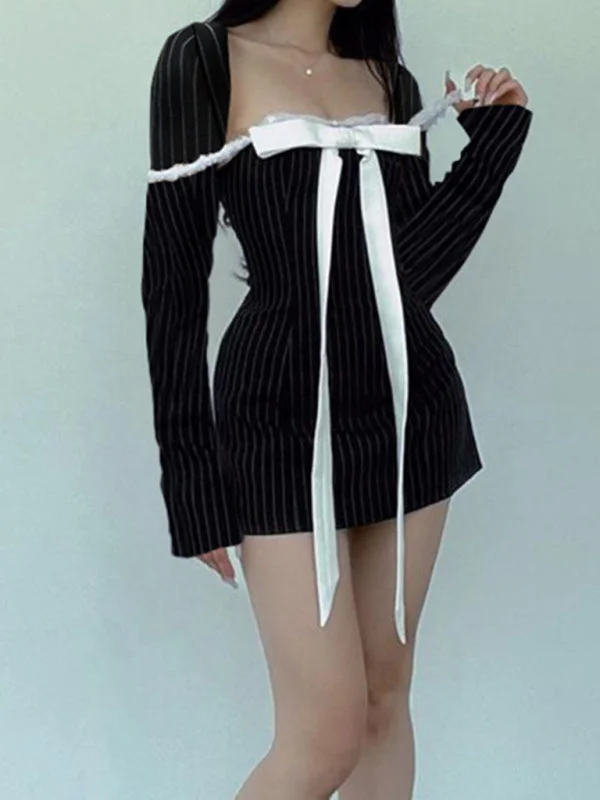 YEAR-End Clearance long-sleeve floral dressNew style French square neck bow tie temperament striped long-sleeved Sexy Mini dress
