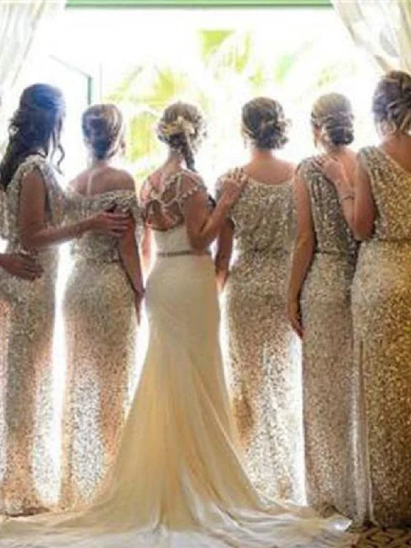 Deal Alert Long Bridesmaid Dresses Gold Sexy Sheath/Column Sequins Bridesmaid Dresses JKB021