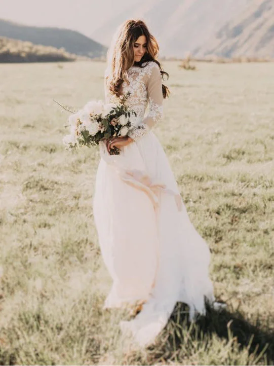Low Prices Chic Wedding Dresses Ivory Long Sleeve Floor-length Tulle Bridal Gown JKW097