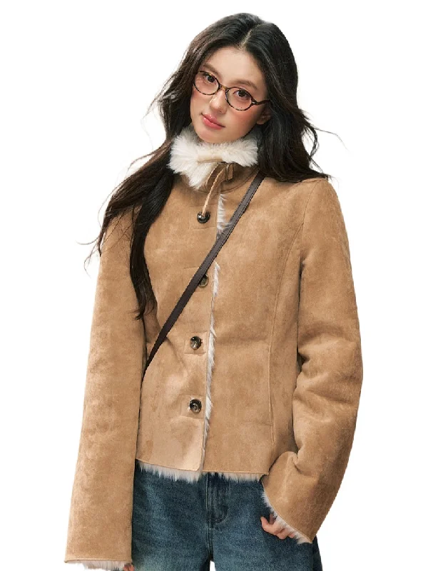 sporty casual jacketKhaki Shearling Fur-Lined Jacket