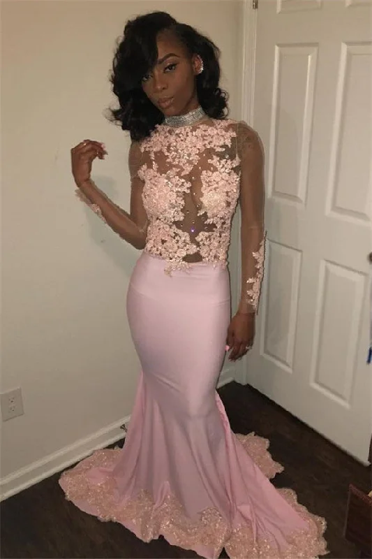 Incredible Offers Chic Mermaid Pink High Neck Prom Dresses Long Sleevess Appliques Evening Gowns with Beadings Incredible Offers Chic Mermaid Pink High Neck Prom Dresses Long Sleevess Appliques Evening Gowns with Beadings