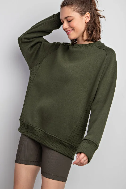 chic lightweight jacketFleece French Terry Crew Neck Sweatshirt- Army Green