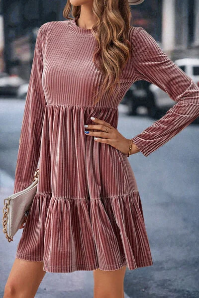 Exclusive Offers ashionable dressVelvet Ribbed Round Neck Ruffle Hem Casual Long Sleeve Mini Dress