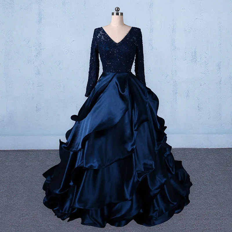 Amazing Deals Formal V-neck Beading Lace Satin Backless Ball Gown Prom Dresses With Sleeves