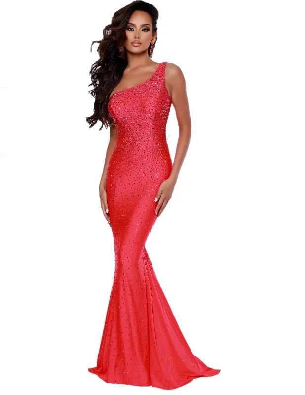 luxury dressJohnathan Kayne 2318 Size 0, 14 Coral Prom Dress One Shoulder Embellished Long Train Pageant Dress