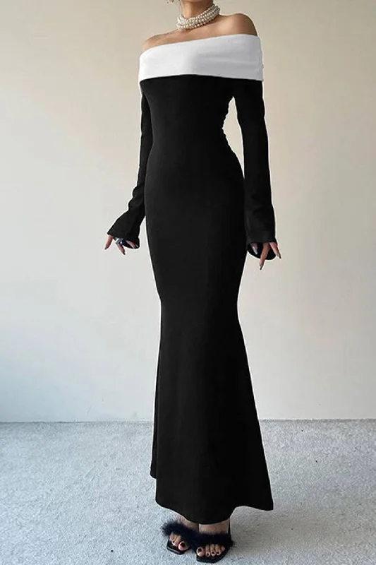 Year-End Sale casual summer dressContrast Off Shoulder Maxi Dress