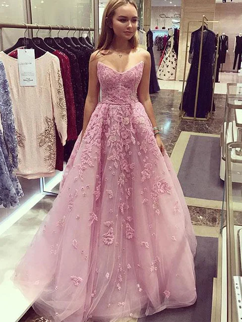 Deal Dash Beautiful Prom Dresses Aline Strapless Floor-length Pink Embroidery Long Prom Dress JKL1140