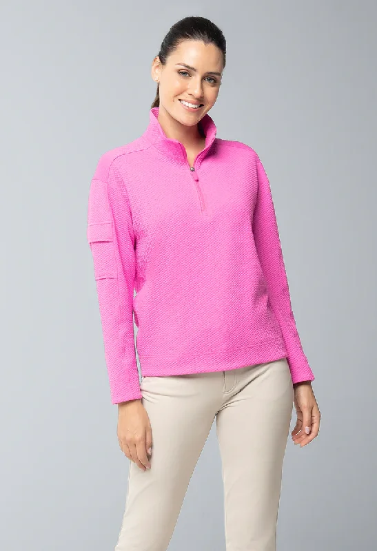 leather style jacketIBKUL Popcorn Stitch 1/4 Zip Pullover- Hot Pink