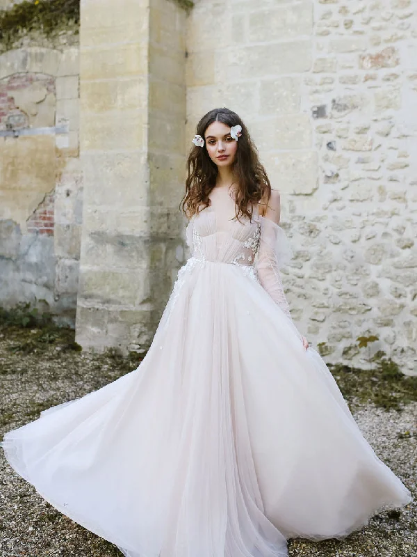 Special Price Sexy Wedding Dresses Beautiful A-line Longe Sleeve Tulle Long Bridal Gown JKW063