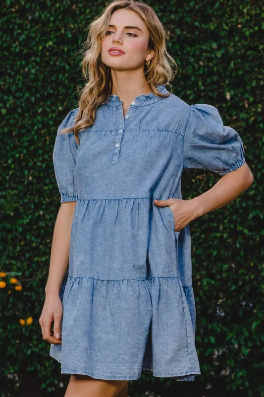 elegant evening dressODDI Washed Tiered Mini Denim Dress