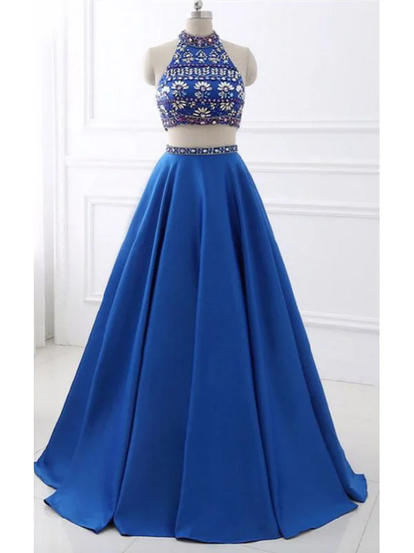 Limited Availability Two Piece Prom Dresses High Neck Rhinestone Satin Long Prom Dress JKL820